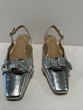 NWT Michael Kors Silver Metallic 2” Kitten Heel Slingbacks w/adj. buckle